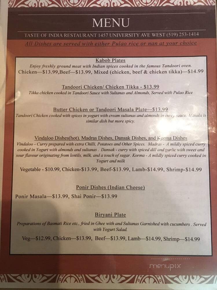 Taste Of India Tandoori - Windsor, ON menu_pic
