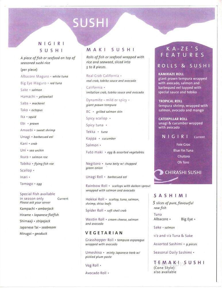 Kaze Japanese Restaurant - Whistler, BC menu_pic