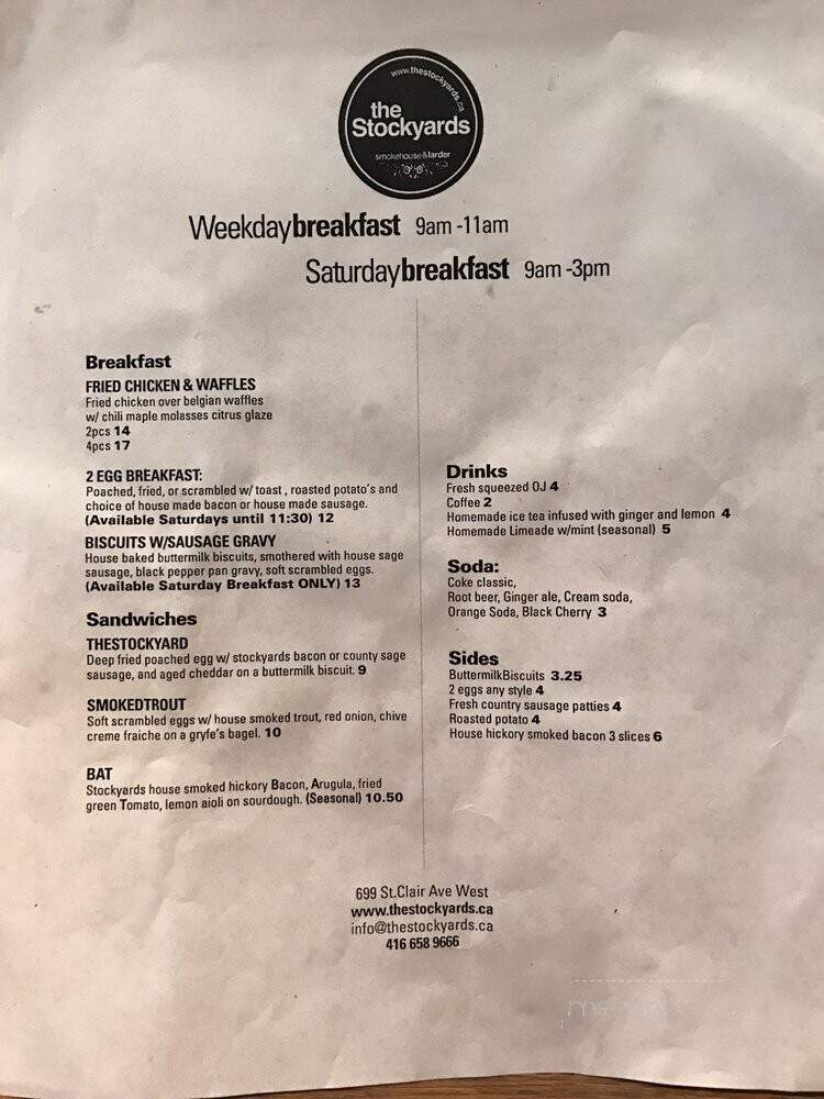The Stockyards Smokehouse & Larder - Toronto, ON menu_pic