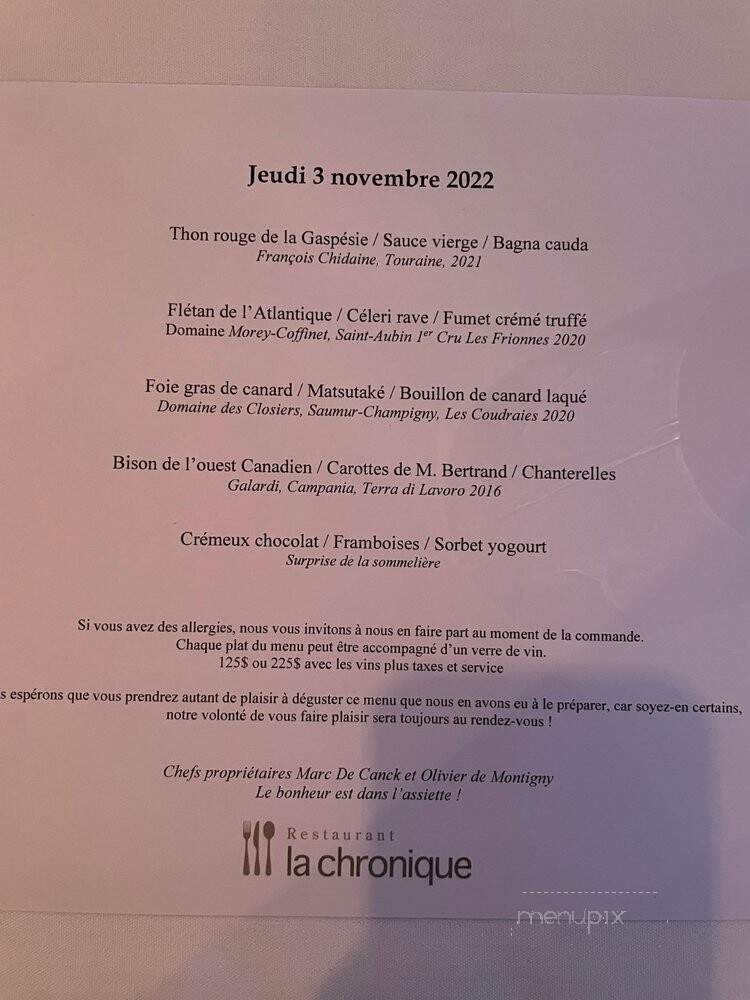 Restaurant La Chronique - Montreal, QC menu_pic