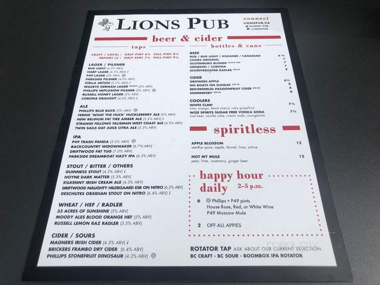 Lions Pub - Vancouver, BC menu_pic