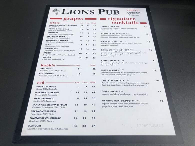 Lions Pub - Vancouver, BC menu_pic