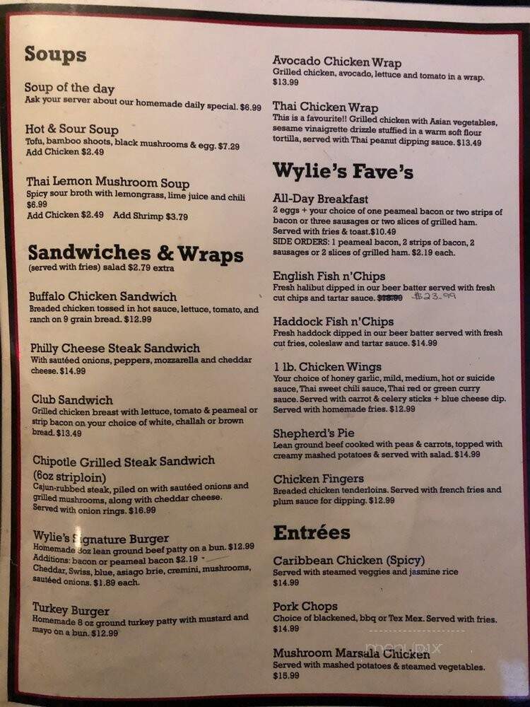 Wylie's Restaurant - Toronto, ON menu_pic