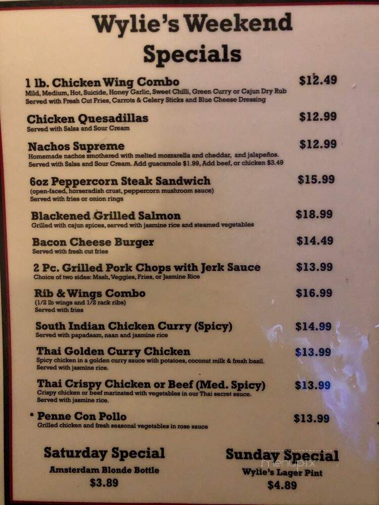 Wylie's Restaurant - Toronto, ON menu_pic