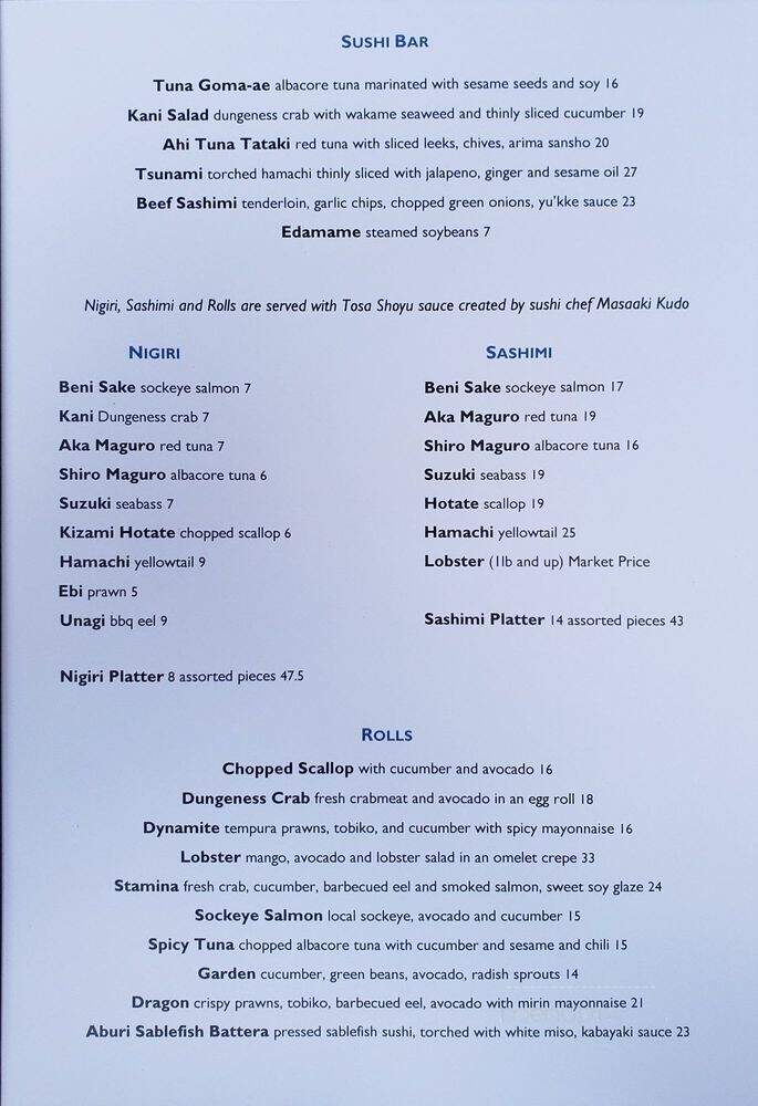 Blue Water Cafe & Raw Bar - Vancouver, BC menu_pic