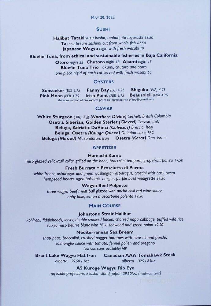 Blue Water Cafe & Raw Bar - Vancouver, BC menu_pic