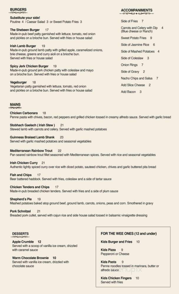 the Irish Shebeen - Toronto, ON menu_pic