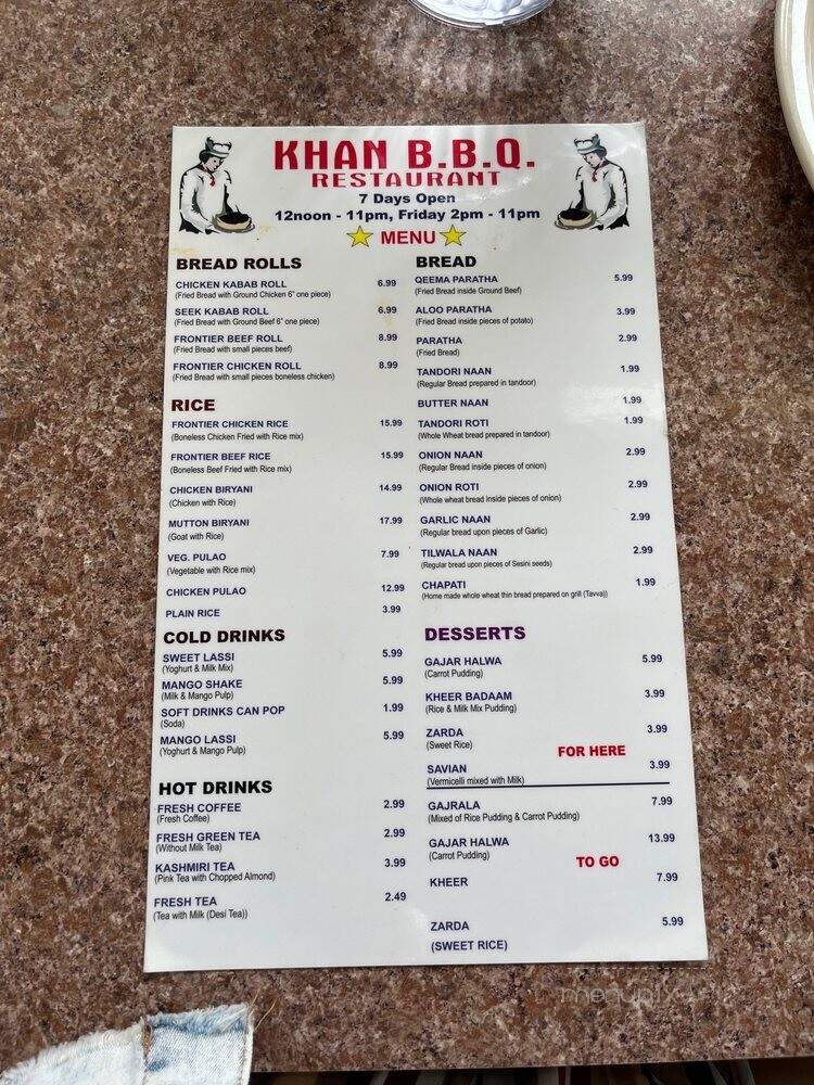 Khan Barbeque Restaurant - Chicago, IL menu_pic