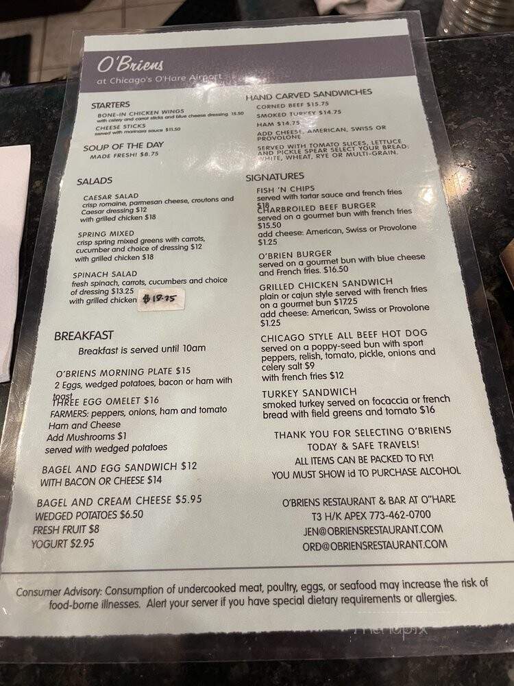 O'Brien's Restaurant - Chicago, IL menu_pic