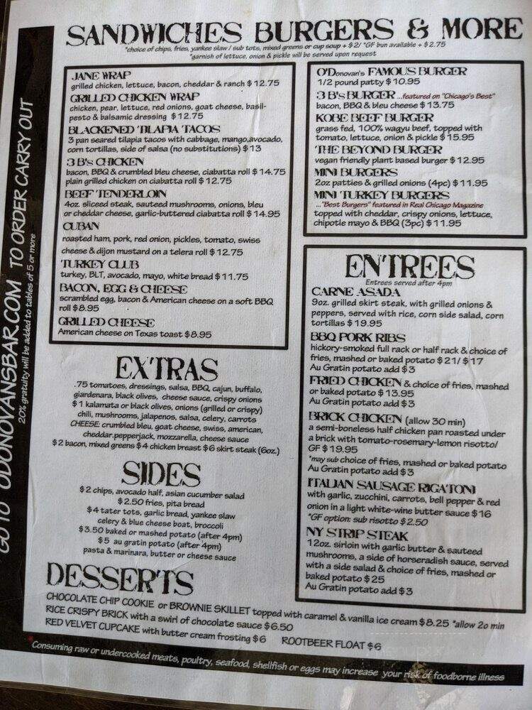 O'Donovan's Restaurant - Chicago, IL menu_pic