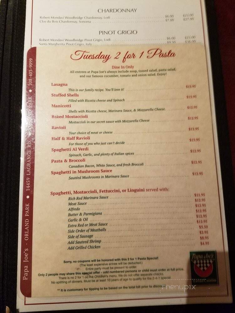 Papa Joe's Restaurant - Orland Park, IL menu_pic