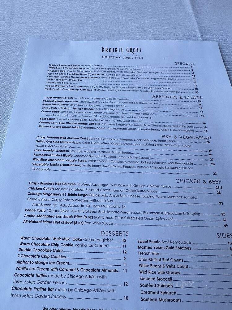 Prarie Grass Cafe - Northbrook, IL menu_pic