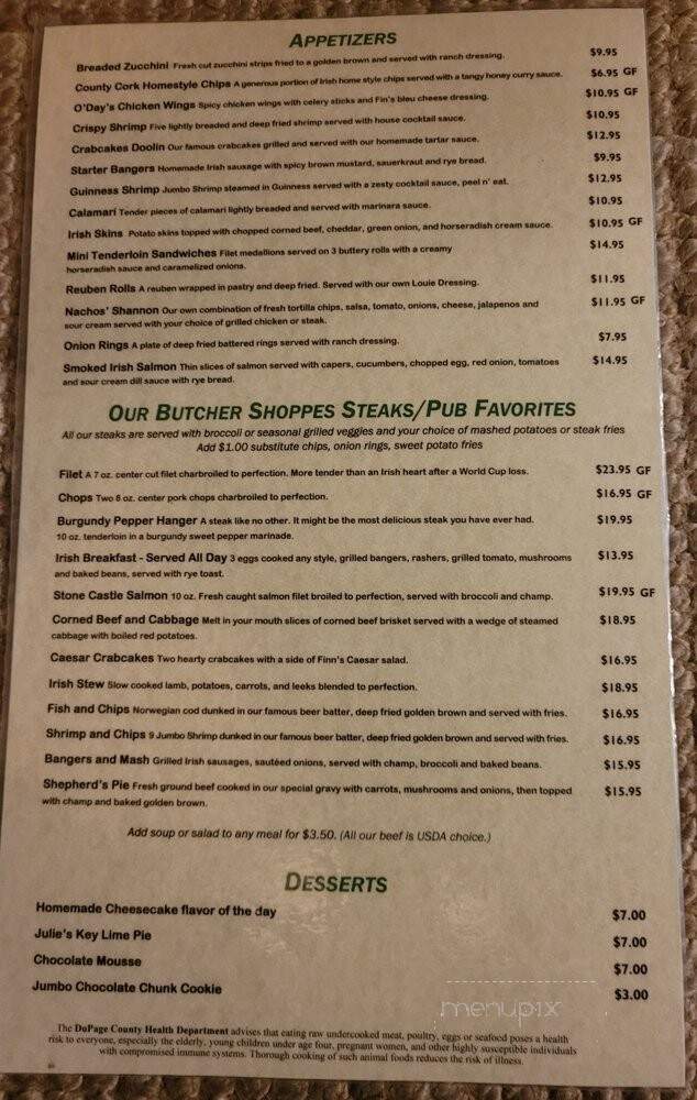Shannon's Irish Pub - Glen Ellyn, IL menu_pic