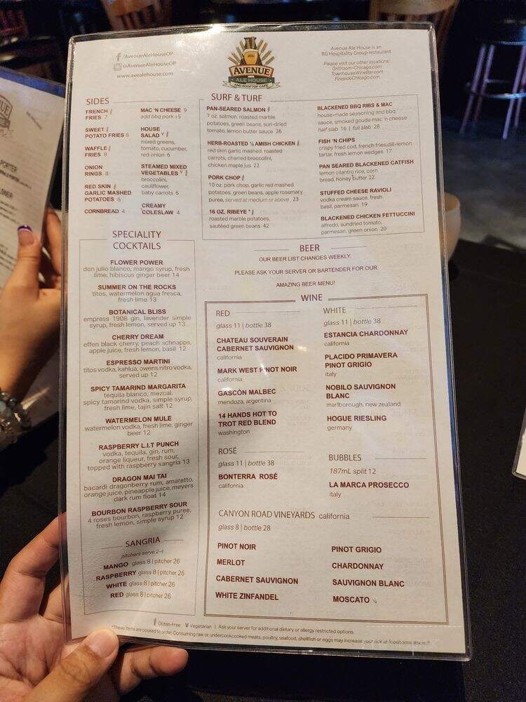 Avenue Ale House - Oak Park, IL menu_pic