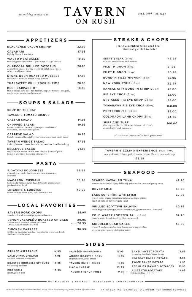 Tavern On Rush - Chicago, IL menu_pic