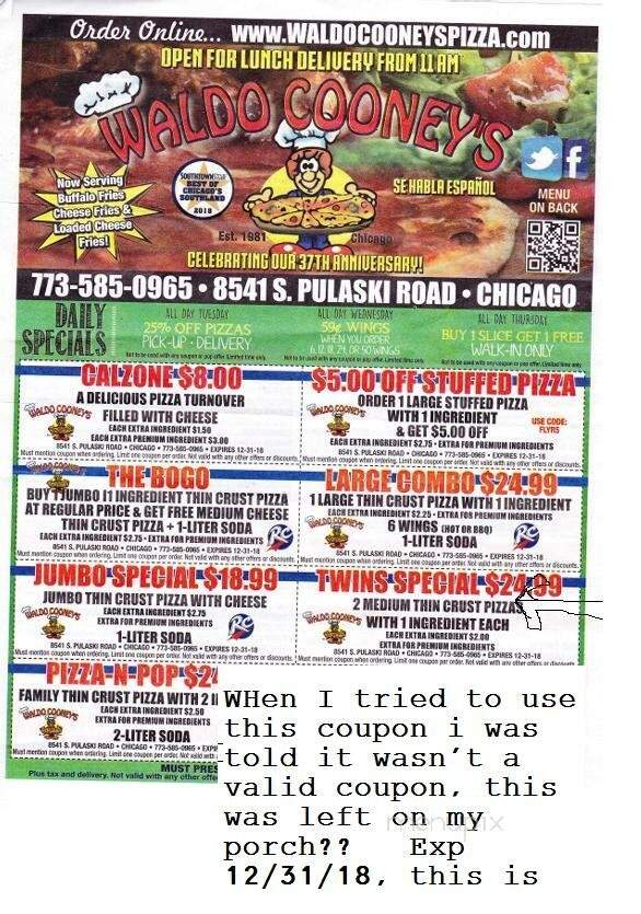Waldo Cooney's Pizza - Chicago, IL menu_pic