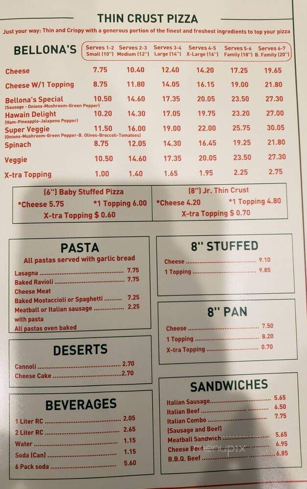 Bellonas Pizza - Chicago, IL menu_pic