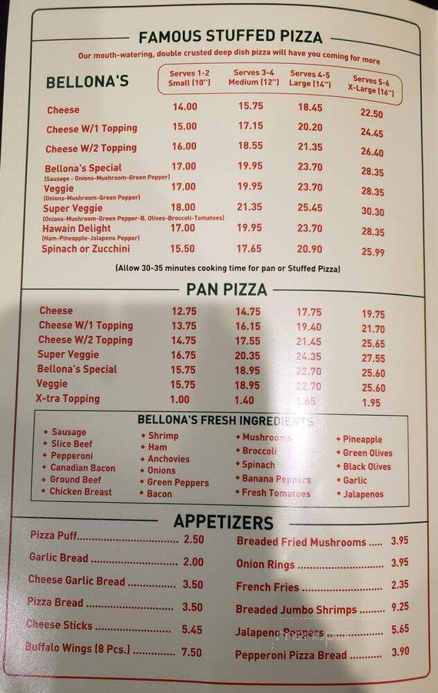 Bellonas Pizza - Chicago, IL menu_pic