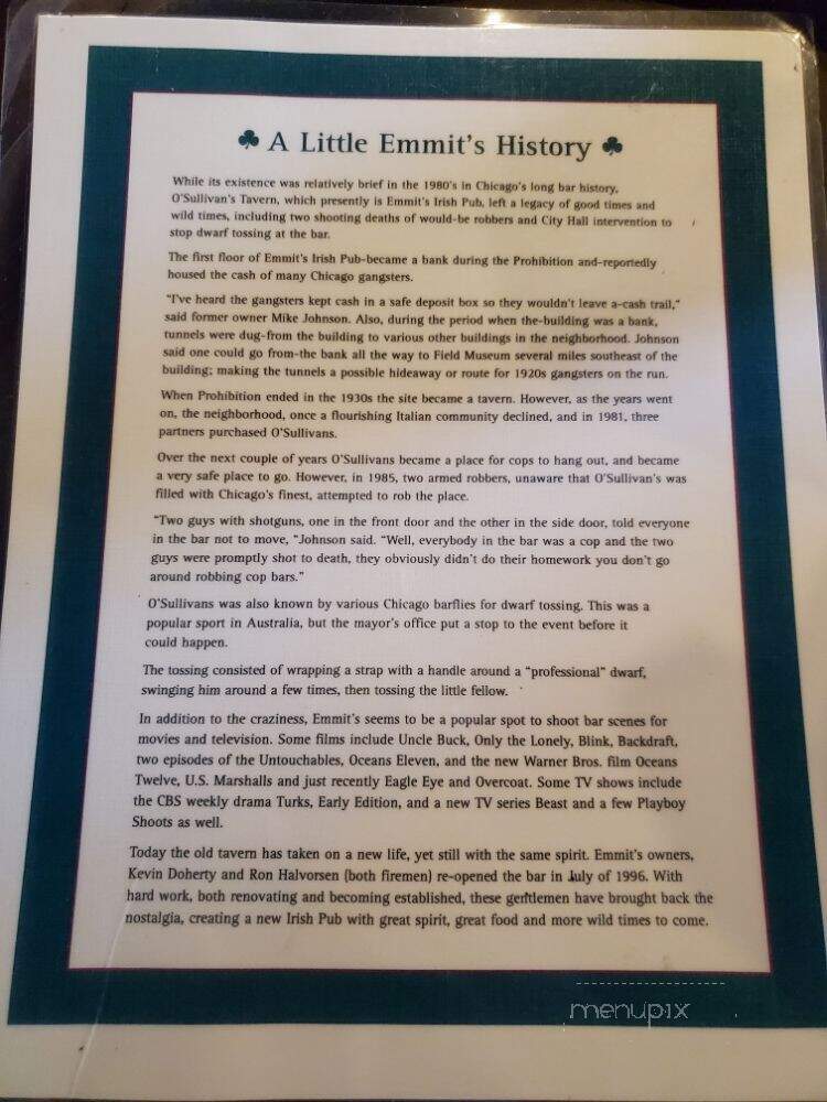 Emmits Irish Pub & Eatery - Chicago, IL menu_pic