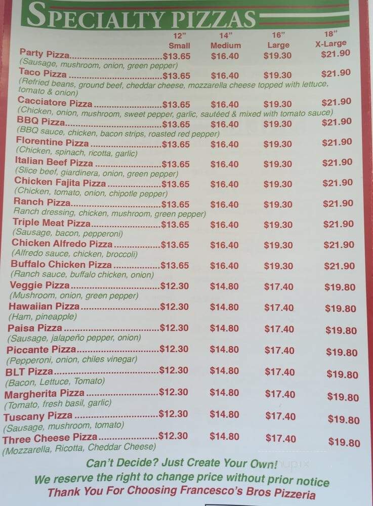 Francesco's Brothers Pizzeria - Bensenville, IL menu_pic