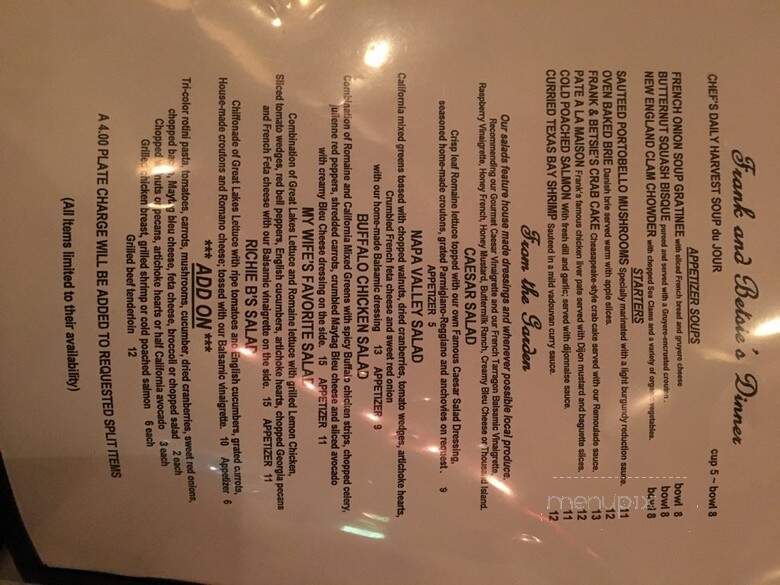 Frank & Betsie's Restaurant - Glencoe, IL menu_pic