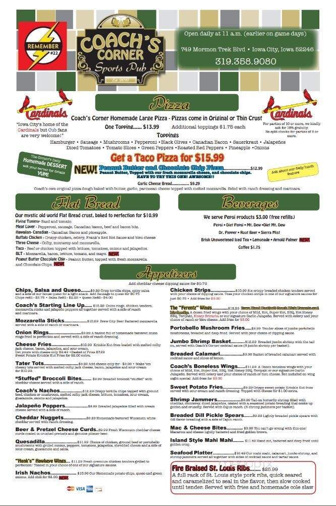 Coaches Corner - Arnolds Park, IA menu_pic