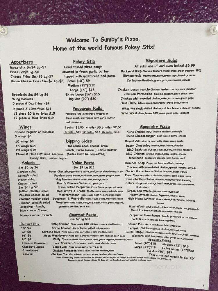Gumby's Pizza - Iowa City, IA menu_pic