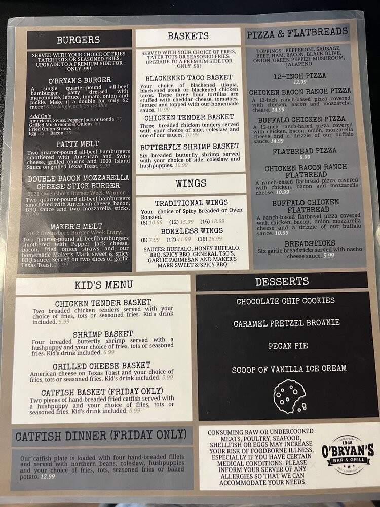 O'Bryan Bar & Grill - Owensboro, KY menu_pic