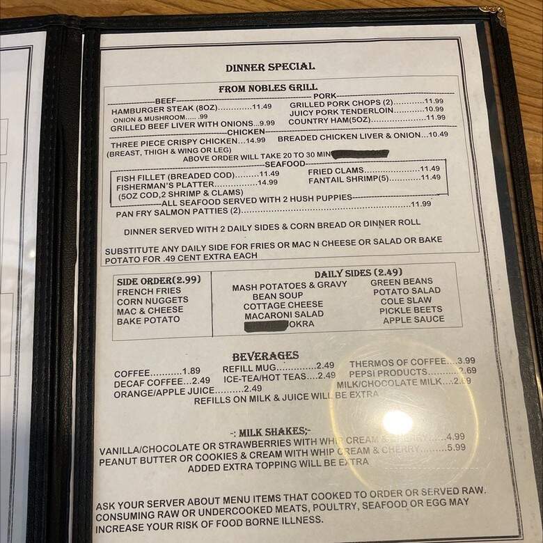 Noble's Restaurant and Truck Stop - Williamstown, KY menu_pic