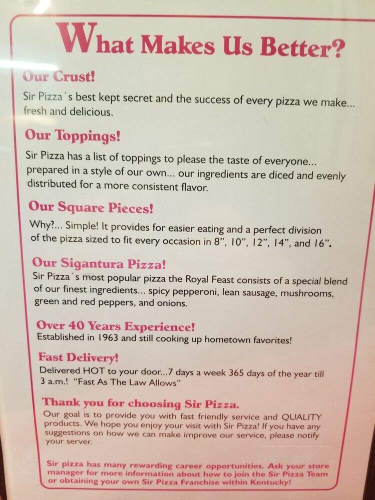 Sir Pizza - Lexington, KY menu_pic