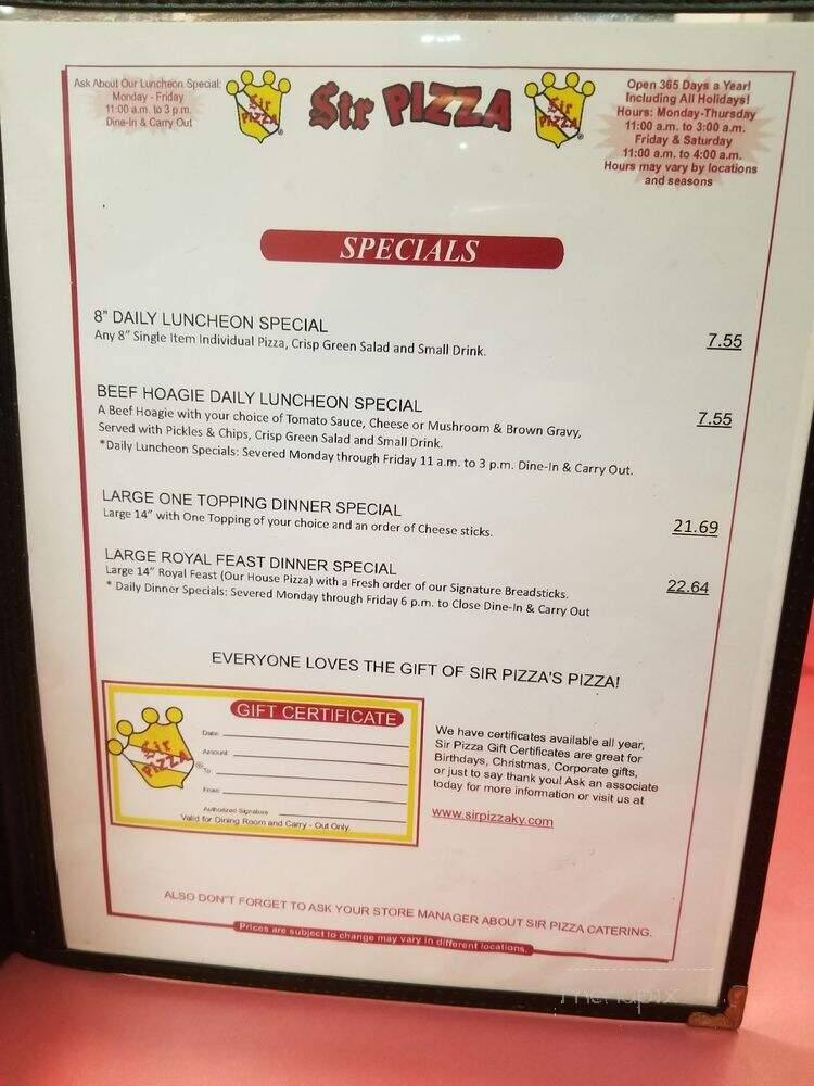 Sir Pizza - Lexington, KY menu_pic