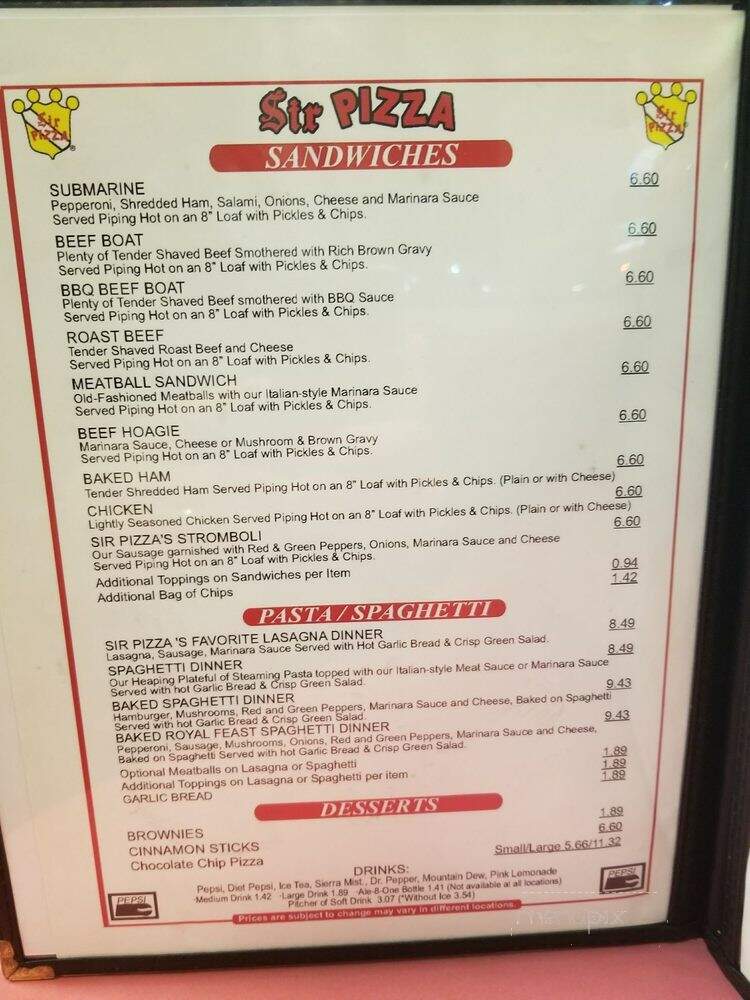 Sir Pizza - Lexington, KY menu_pic