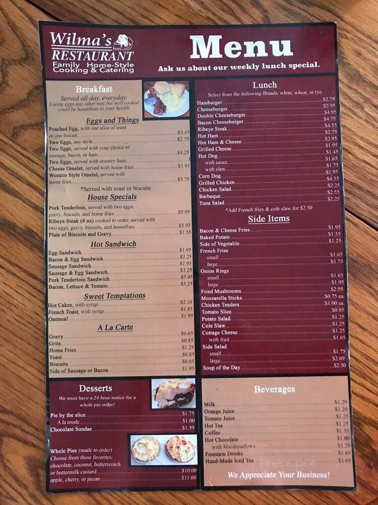 Wilma's Restaurant - Paintsville, KY menu_pic