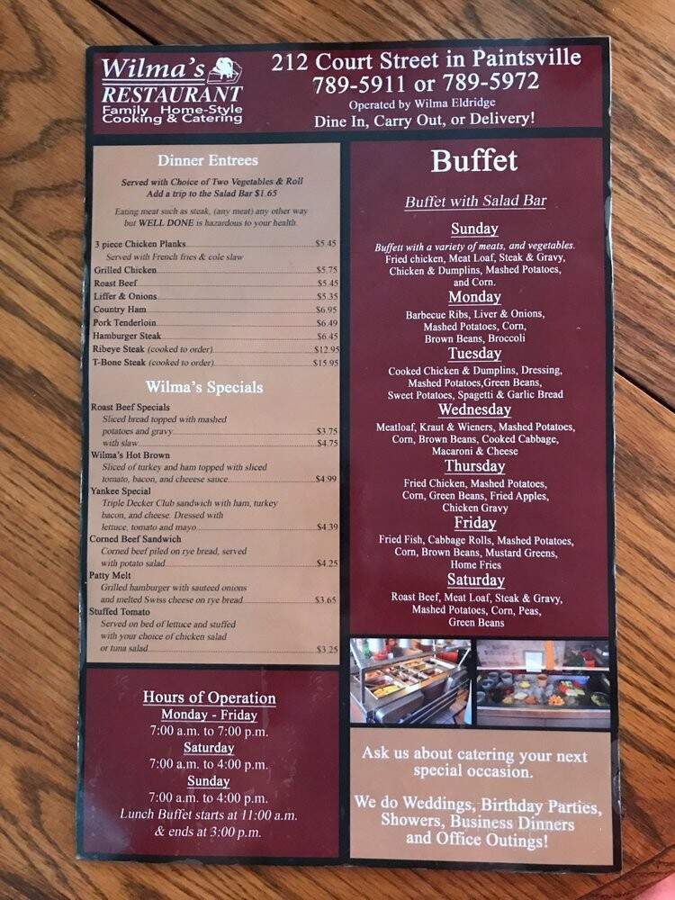 Wilma's Restaurant - Paintsville, KY menu_pic