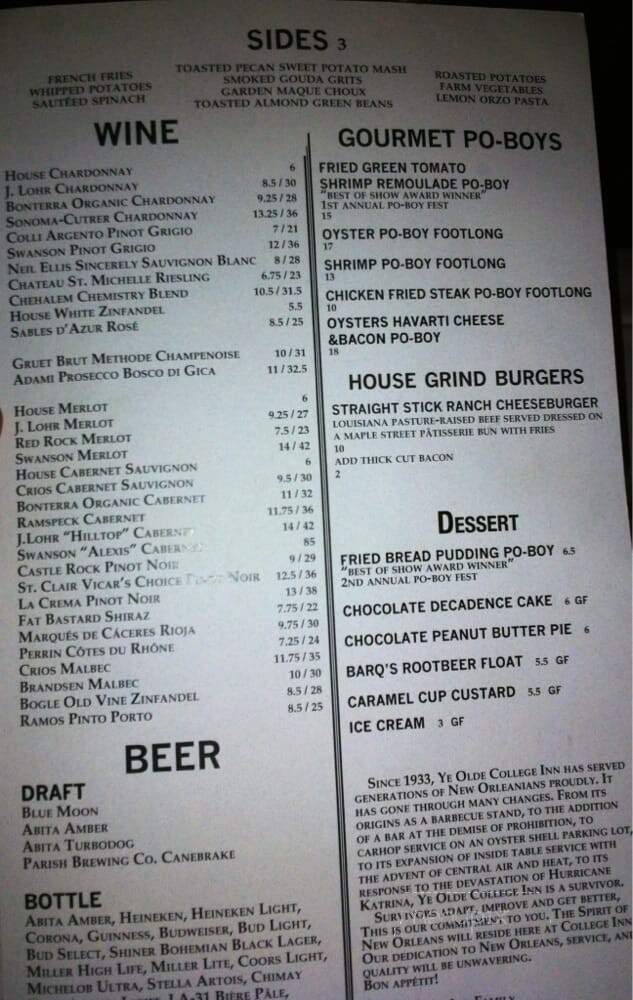 Ye Olde College Inn - New Orleans, LA menu_pic