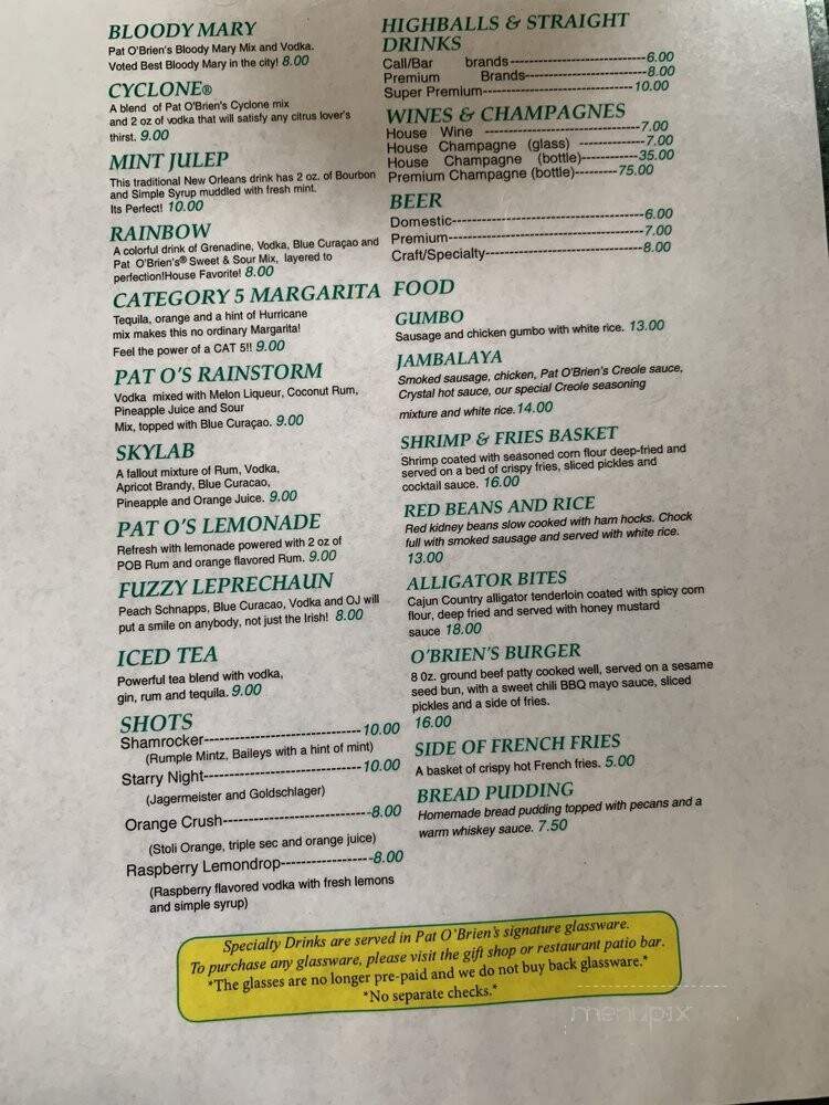 Pat O'Brien's Private Parties - New Orleans, LA menu_pic