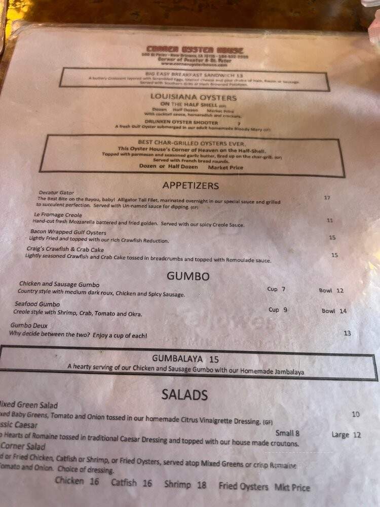 Corner Oyster Bar & Grill - New Orleans, LA menu_pic