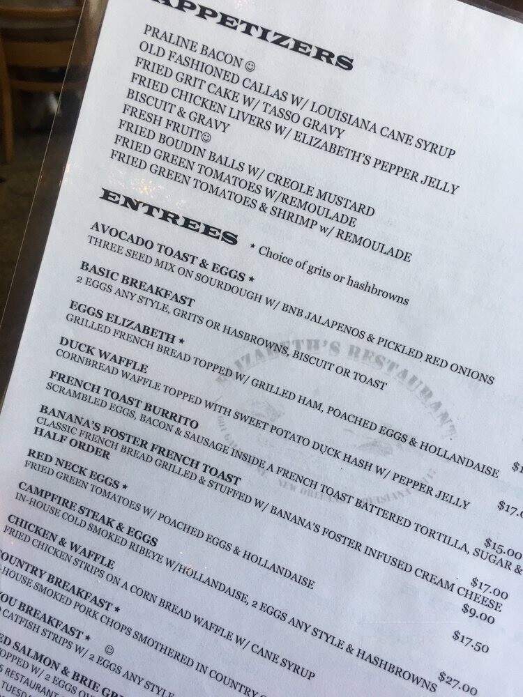 Elizabeth's Restaurant - New Orleans, LA menu_pic