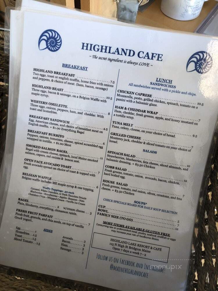 Highland Lake Resort - Bridgton, ME menu_pic