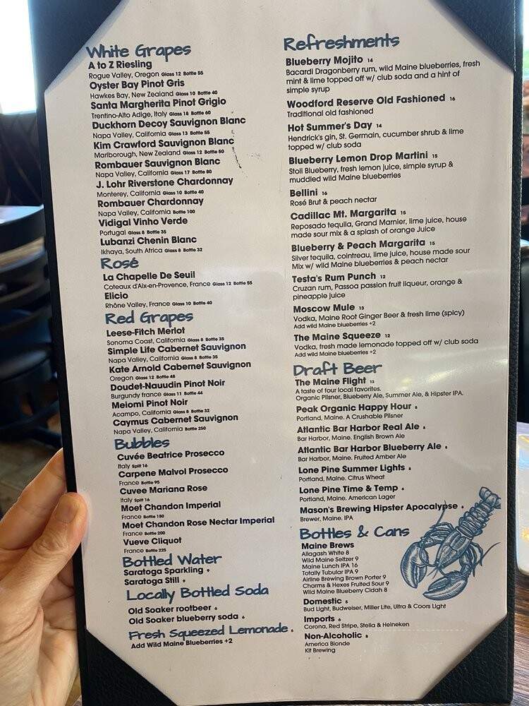 Testa's Restaurant - Bar Harbor, ME menu_pic