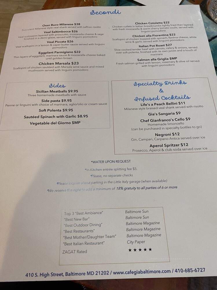 Cafe Gia's - Baltimore, MD menu_pic