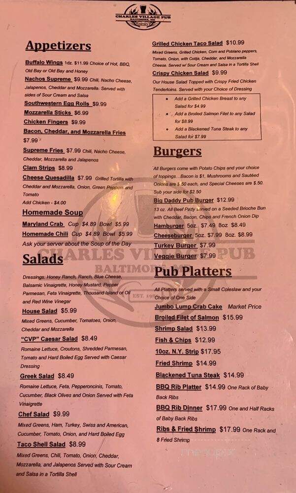 Charles Village Pub - Baltimore, MD menu_pic