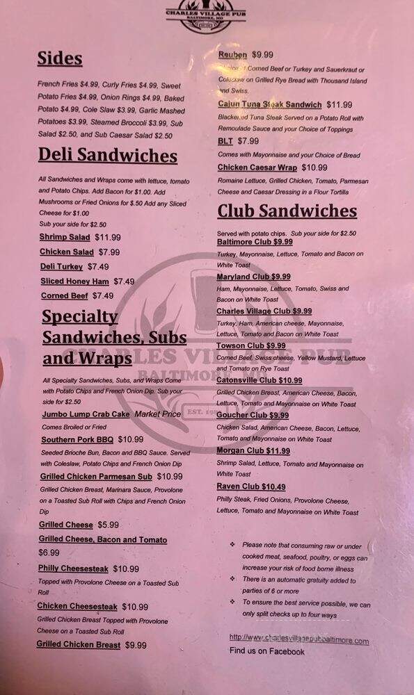 Charles Village Pub - Baltimore, MD menu_pic