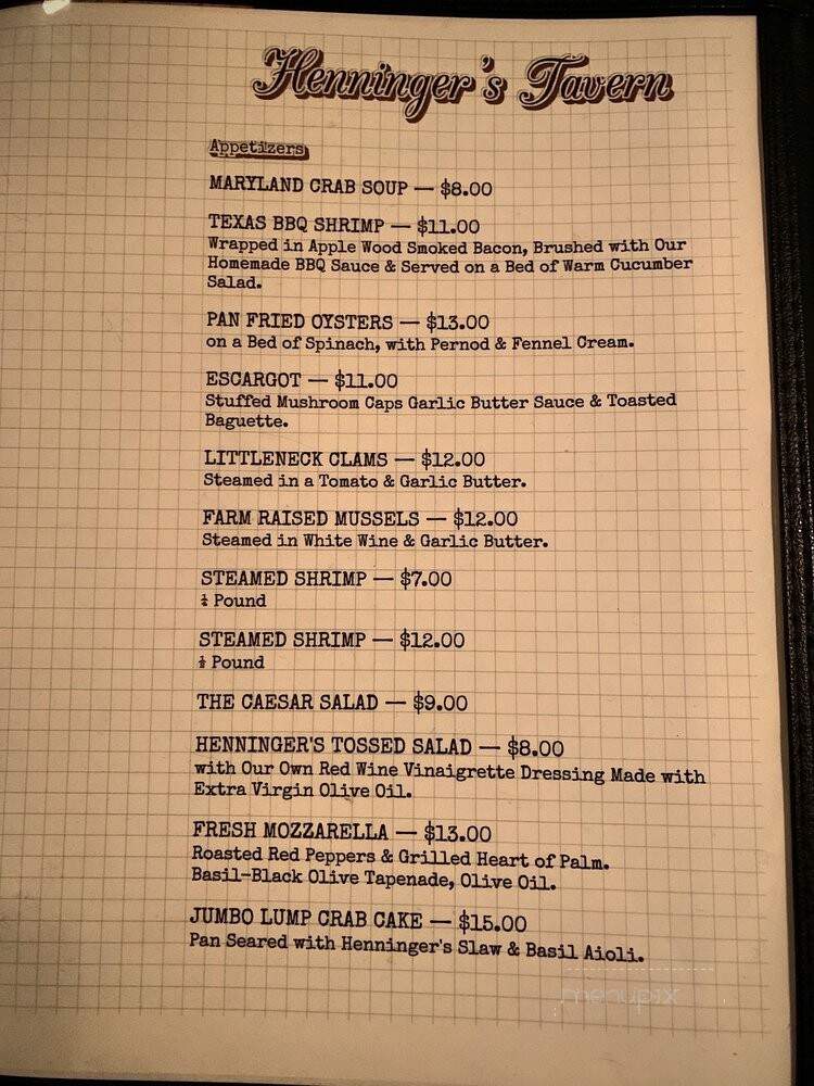 Henninger's Tavern - Baltimore, MD menu_pic