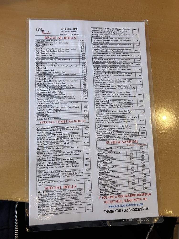 Kiku Sushi Restaurant - Baltimore, MD menu_pic