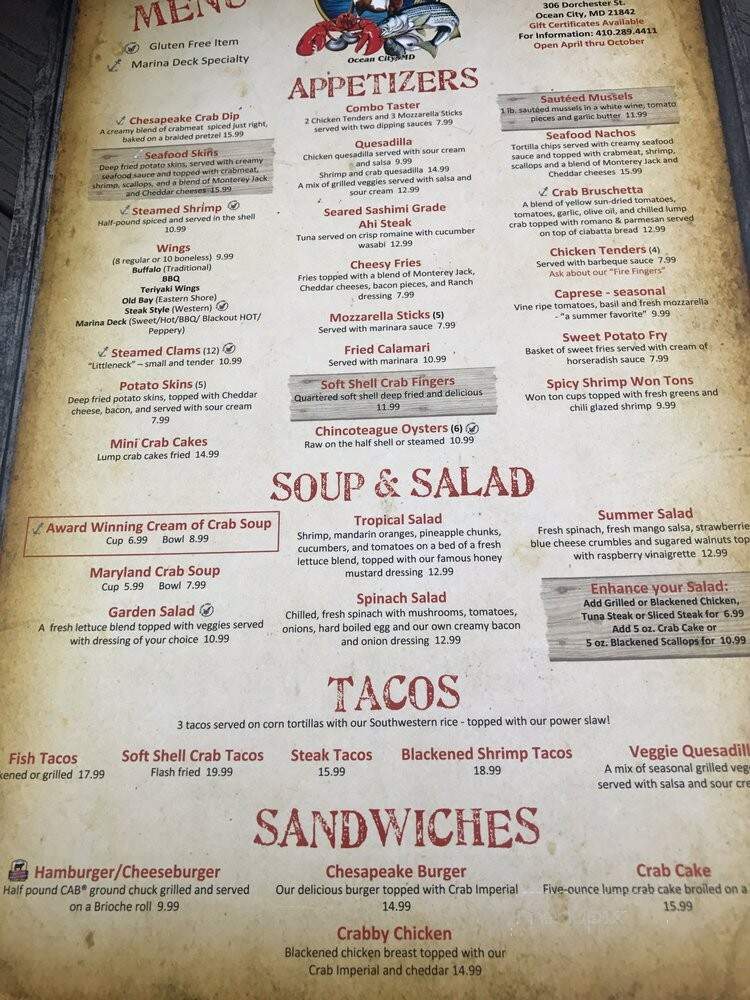 Marina Deck Restaurant - Ocean City, MD menu_pic