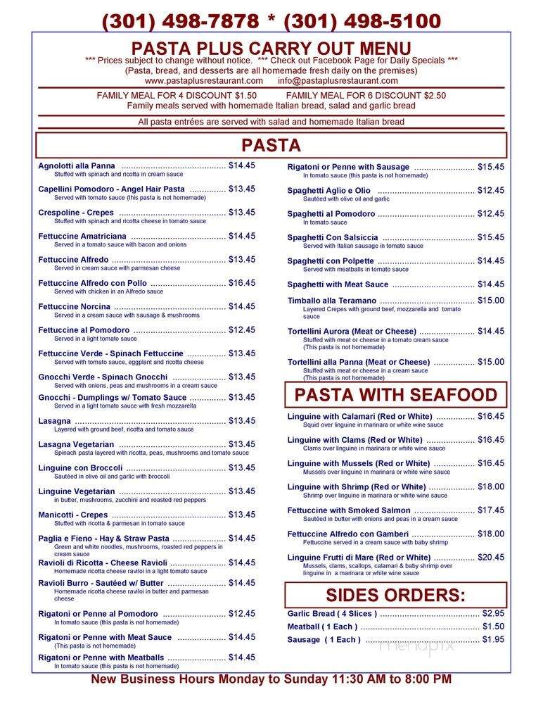 Pasta Plus Restaurant - Laurel, MD menu_pic