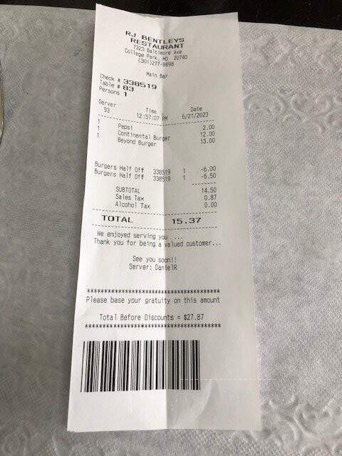 R J Bentley's Restaurant - College Park, MD menu_pic