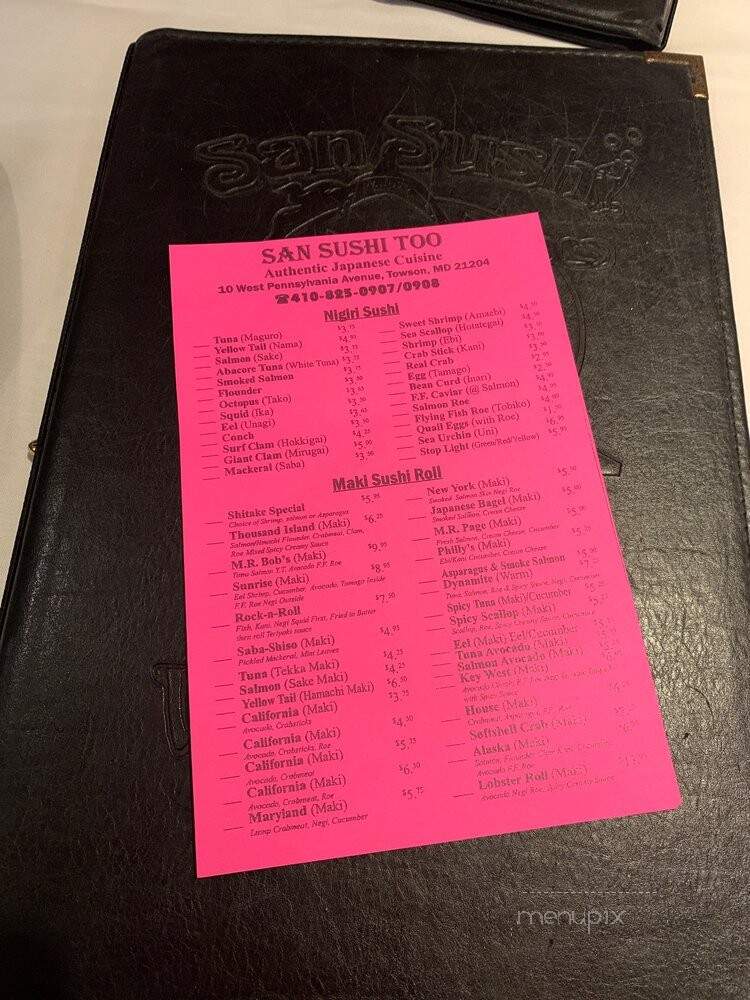 San Sushi Too - Towson, MD menu_pic