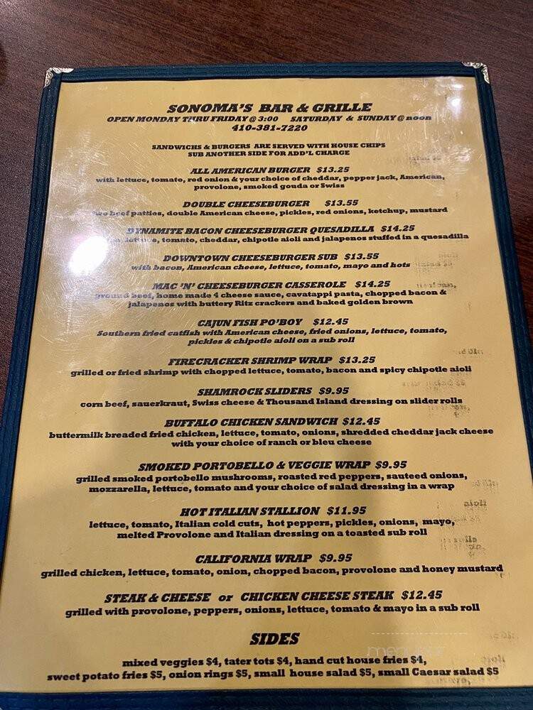 Sonoma's Bar & Grille - Columbia, MD menu_pic